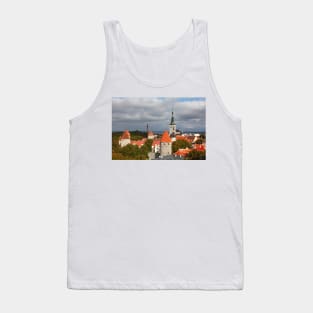 View from Toompea of the Lower Town, Old Town with Olai's Church or Oleviste Kirik, and a tower of the city wall, Tallinn, Estonia, Europe Tank Top